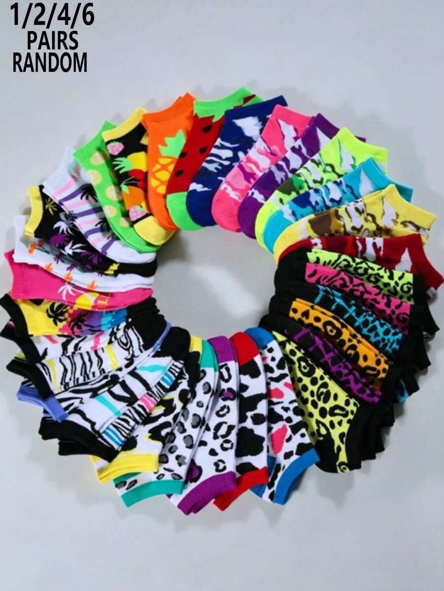 1/2/4/6 Pairs Random Women Fruit Strawberry & Banana Pattern Socks, European And American Style, Comfortable & Breathable Ankle Socks - Multicolor - View 1
