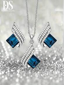 1 Pair Earrings + 1 Necklace Vintage Jewelry Set, Shiny Square Design Champagne Color, Suitable For Women's Daily Outfit And Party Decoration - B Blue - View 1