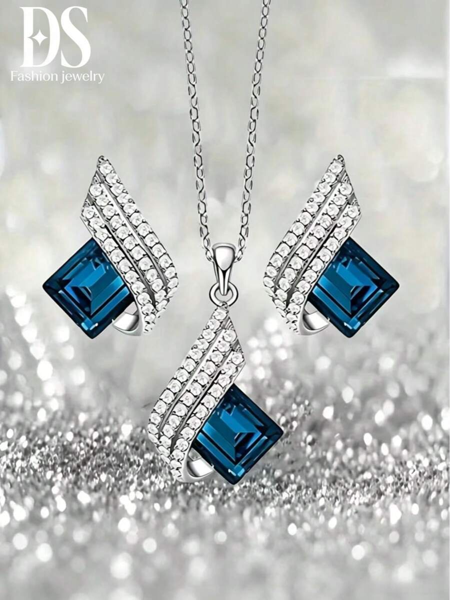1 Pair Earrings + 1 Necklace Vintage Jewelry Set, Shiny Square Design Champagne Color, Suitable For Women's Daily Outfit And Party Decoration - B Blue - View 1