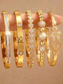 This 5-Piece Light Luxury And Elegant Bracelet Can Be Stacked And Worn. With A Minimalist Sculpted Design, It Is Suitable For Daily Use And Dates - Gold - View 7