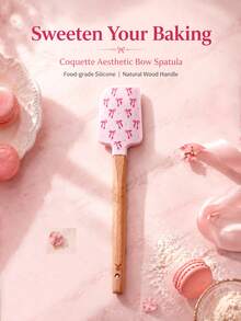 Meoky Heat-Resistant Silicone Spatula With Wooden Handle, Double-Sided Pink Bow Print, Suitable For Cake Decorating, Mixing, Baking And Frosting, Ideal Gift For Baking Enthusiasts And Dessert Lovers, Perfect For Baking And Daily Cooking - View 3