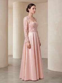 VIPGIRL Đầm dài satin hồng thanh lịch kèm áo khoác ren sang trọng, tay dài, chiết eo, xếp ly đính sequin, váy dạ hội chính thức, lưng dây buộc, hoàn hảo cho phù dâu hoặc sự kiện dạ hội, lý tưởng cho các buổi tiệc khiêu vũ và dạ tiệc tối - Màu Hồng baby - Xem 4