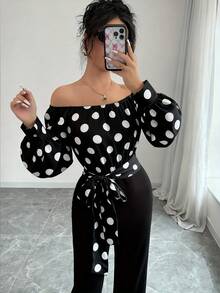 Elegant Women's Off-Shoulder Blouse With Polka Dots And Front Bow - Puff Sleeves, Round Neck, White, Machine Washable, Ideal For Casual Or Semi-Formal Wear In All Seasons - 黑色 + 淺白色 - 查看 5