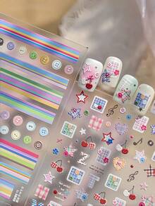 1pc 5D Preppy Style Nail Stickers, Plaid And Button Nail Art Stickers, Self-Adhesive DIY Nail Decoration Accessories, Summer Minimalist Nail Decals, Suitable For Back To School, Casual And Daily Wear, Premium Nail Supplies For Women - Multicolor - View 7
