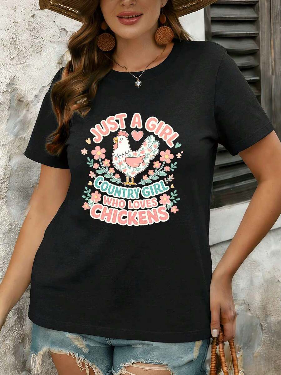 Camiseta de Country Girl Amante del Pollo, Telas Premium, Corte Relajado, Estilo Street Hip-Hop, Cómoda, Dise?o Gráfico - Negro - Ver 1