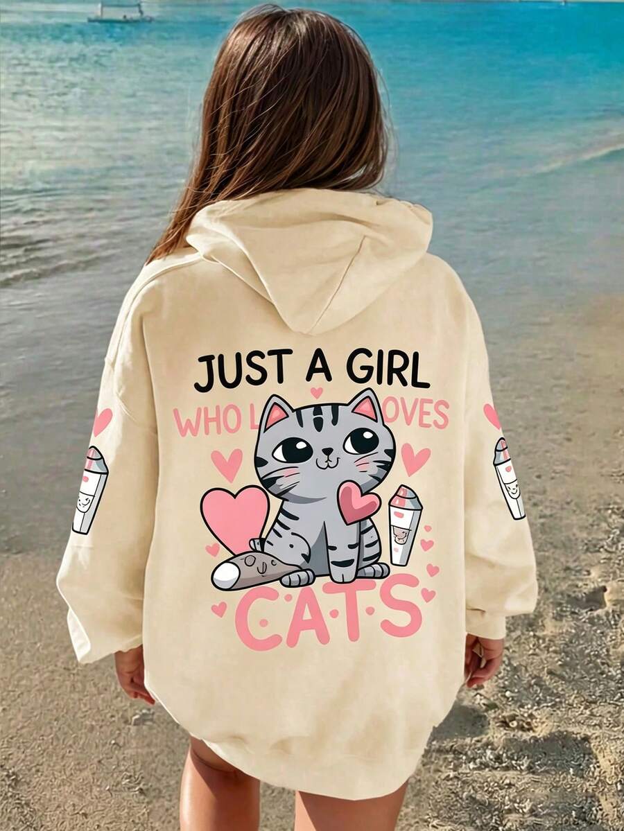 卡通猫图案保暖长袖休闲卫衣,适合年轻女孩 - 杏色 - 查看 1