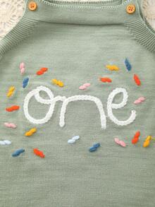 女嬰夏季可愛甜美「One」字母彩色刺繡針織肩帶三角連身褲，可愛迷人，適合日常休閒穿著或外出 - 青碧色 - 查看 4
