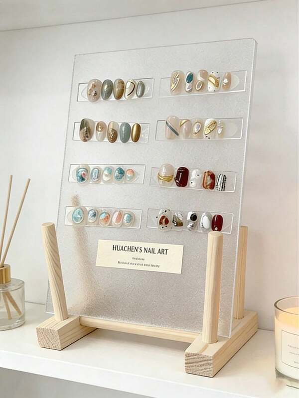 1 pieza Tablero de exhibición de arte de uñas artificial de acrílico transparente, adecuado para tomar fotos de productos de uñas; estante de exhibición de muestras de uñas estilo grano de madera para escritorio; estante de exhibición de tabla de colores de esmalte de uñas.