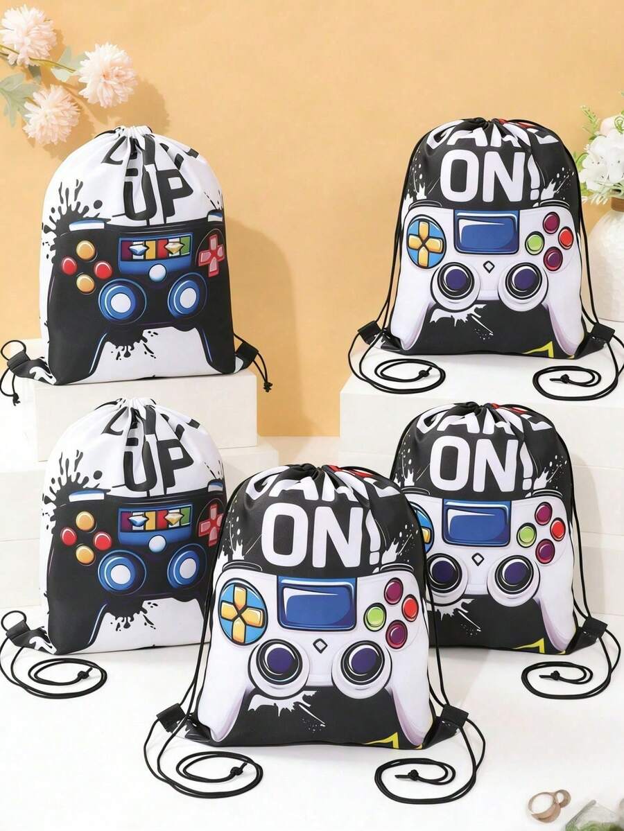 6pcs Black & White Game Console Pattern Baby Shower Party Drawstring Backpack Gift Bags, Game Console Theme Gender Reveal Party Favors, Packaging Supplies Gift Bags, 1st Birthday Party Gift Bags, Baby Shower Party Durable Reusable Bags, Newborn Party Table Decor, Baby Shower Decorations, Baby Shower Gifts, Gender Reveal Decorations, Casual Style, Birthday Party Decorations, Fashion Backpacks, Snack Storage Bags, Candy Bags, Party Favors