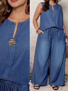 Mature Denim Conjunto informal de 2 piezas sin mangas con cuello en muesca y denim holgado para talla grande - Azul lavado medio - Ver 1