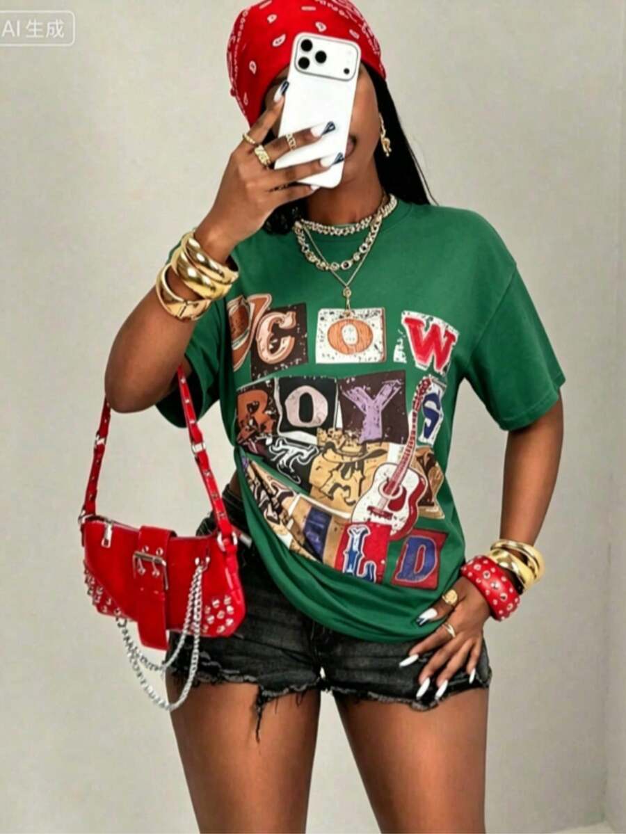 Colorful Western Graphic Print T-Shirt With "Stay Wild Cowboy" Letter Print, Crew Neck, Short Sleeve, Casual Style For Street, Sports, Music Festivals, Country Wear, For Women (Retro Style, Suitable For Teens, Women, Prom Dresses, Unisex) - 綠色 1 - 查看 1