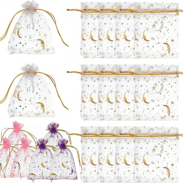 20 piezas Bolsas de organza de malla para regalos con cordón de luna y estrella Bolsas de regalo de joyería para boda Navidad festival Suministros de maquillaje, Blanco Dorado/Rosa/Púrpura 7x9cm/2.7x3.5in