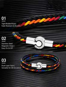 1 pieza Pulsera de cuerda tejida a mano con diseño simple de color para hombres y mujeres, pulsera de cuerda tejida a mano de color, pulsera magnética para parejas - Pulsera con hebilla para contador de agua - Ver 9