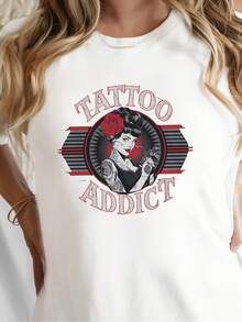 playeras de mujer Tattoo Addict Print T-shirt, Short Sleeve Crew Neck Casual Top for Summer & Spring, Women's Clothingfor womenblusas casuales para dama - Blanco - Ver 1