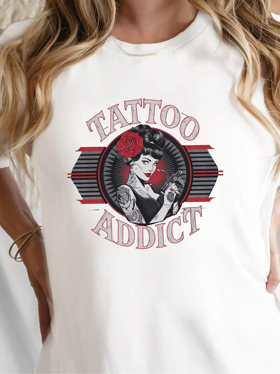 playeras de mujer Tattoo Addict Print T-shirt, Short Sleeve Crew Neck Casual Top for Summer & Spring, Women's Clothingfor womenblusas casuales para dama - Blanco - Ver 1