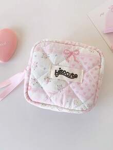 1Pc Kawaii Quilted Mini Storage Pouch With Lace-Up, Floral Bow Print Cosmetic & Sanitary Pad Bag, Portable Travel Organizer For Small Items - Multicolor - View 14