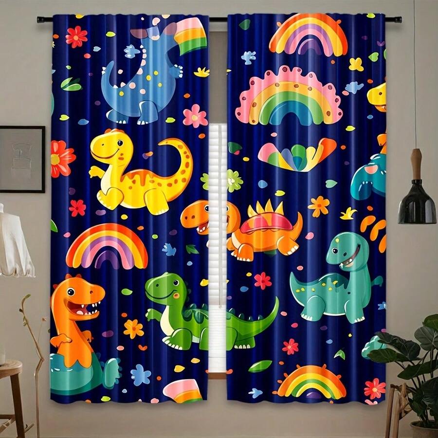 2pcs High Definition Digital Cute Cartoon Dinosaur Print Decorative Curtains, Polyester Material, Easy To Install, Rod Pocket Hanging, Semi-Transparent Privacy Protection, Machine Washable And Hand Washable, Suitable For Bedroom, Office, Kitchen, Living Room, Study, Home Decor. - Multicolor - View 1