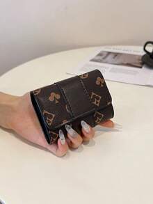 New Women's Brown PU Floral Print Pattern Compact Accordion Card Holder, Multi-Slot Fashion Versatile Anti-Theft Card Storage Pouch, Flap Closure Vintage Lightweight Handheld Bag - Brown - View 9