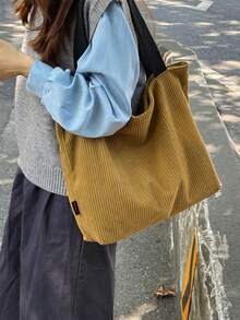 Large Capacity Corduroy Tote Shoulder Bag | Mustard Yellow Contrast Strap Bag | Work/School/Travel | Durable Bag - Multicolor - View 4