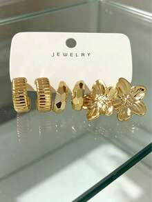 6/18pcs Fashion Elegant Gold Earrings Set, Five-Petal Flower, Symmetrical Flower, Textured Hoop, C-Shape, Star And Floral Patterns, Hypoallergenic CCB Material, Suitable For Gifts, Versatile For Daily Wear, Metallic Style Jewelry - Gold - View 6