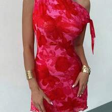 YijiaNvz  Vestido mini de vacaciones elegante y sexy con hombro asimétrico y floral nuevo para mujer en verano, vestido floral de malla, vestido de cuello asimétrico, ropa de primavera/verano, atuendo de playa, elegante, sexy, vacaciones, playa, Hawái, cita, fiesta, festival de música, vestido de graduación, baile de graduación - verde militar - Ver 5