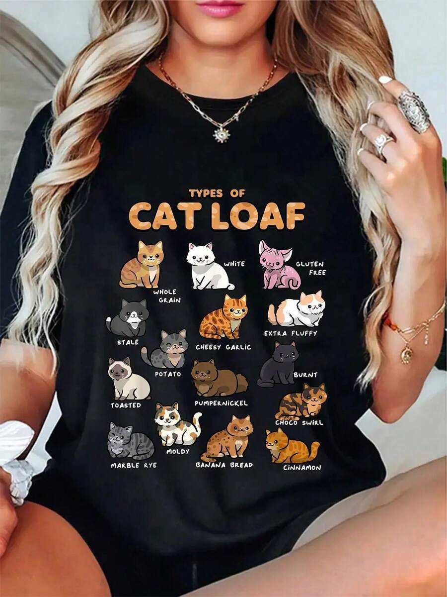 Women's Oversized Printed T-Shirt, 100% Pure Cotton, Short Sleeve, With Cat Design, Cute Kitten, Kawaii Cats, For Cat Lovers, Graphic T-Shirt For Men And Women, Round Neck, Classic Style, Summer Fashion, Holiday Tops, Breathable Daily Wear For Spring And Summer. - 黑色 - 查看 1