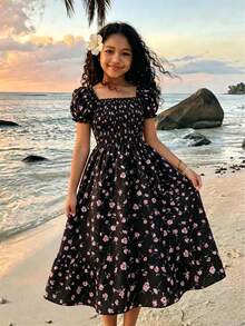 Refreshing Floral Pattern Tween Girl French Puff Sleeve Square Neck Waist Dress, Suitable For Summer Daily Wear, Outing, Travel And Vacation - Multicolor - View 11