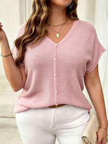 Plus Size Deep V-Neck Knit Top, Semi-Sheer Drop Shoulder Design, Regular Length, Slightly Stretchy Pink Summer - Pink - View 4