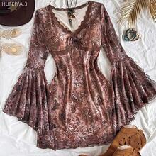 Yunuo Menswear  Vestido corto de mujer con cuello en V, estampado floral retro, manga larga, bajo asimétrico y detalle de volantes, de tejido de malla de punto - Morado - Ver 8
