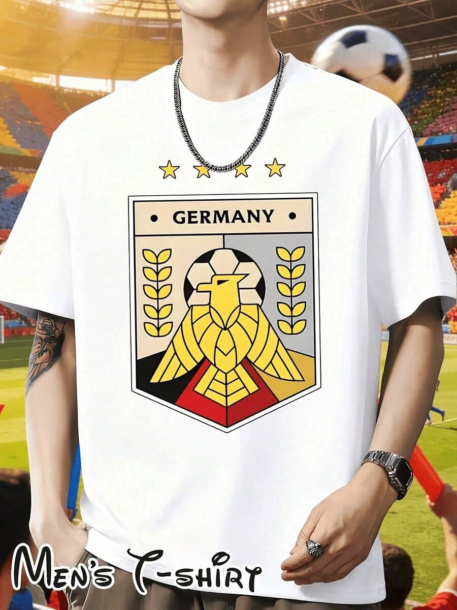 Camiseta de manga corta estampada "Corona de Águila Alemana Estilo Cuatro Estrellas", Águila Germánica, Estilo Minimalista Hardcore, para el día a día, Estilo de gloria del equipo campeón al - Negro - Ver 1