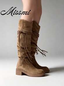 2026 New Retro Fringe Tall Boots Women Vintage Apocalyptic Style Chunky Heel Over-The-Knee High Boots - Brown - View 7