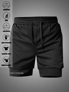 2 piezas Shorts de malla de doble capa 2 en 1 para hombre con forros de compresión incorporados, deportes para novio - Multicolor - Ver 4