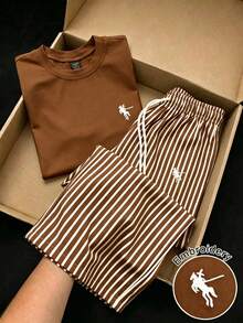 Everyssa Conjunto de 2 piezas de camiseta corta de manga corta con cuello redondo y cintura fruncida bordada de moda casual para mujer, y pantalones rectos de pierna suelta con estampado de rayas y cintura elástica con cordón - Multicolor 2 - Ver 1