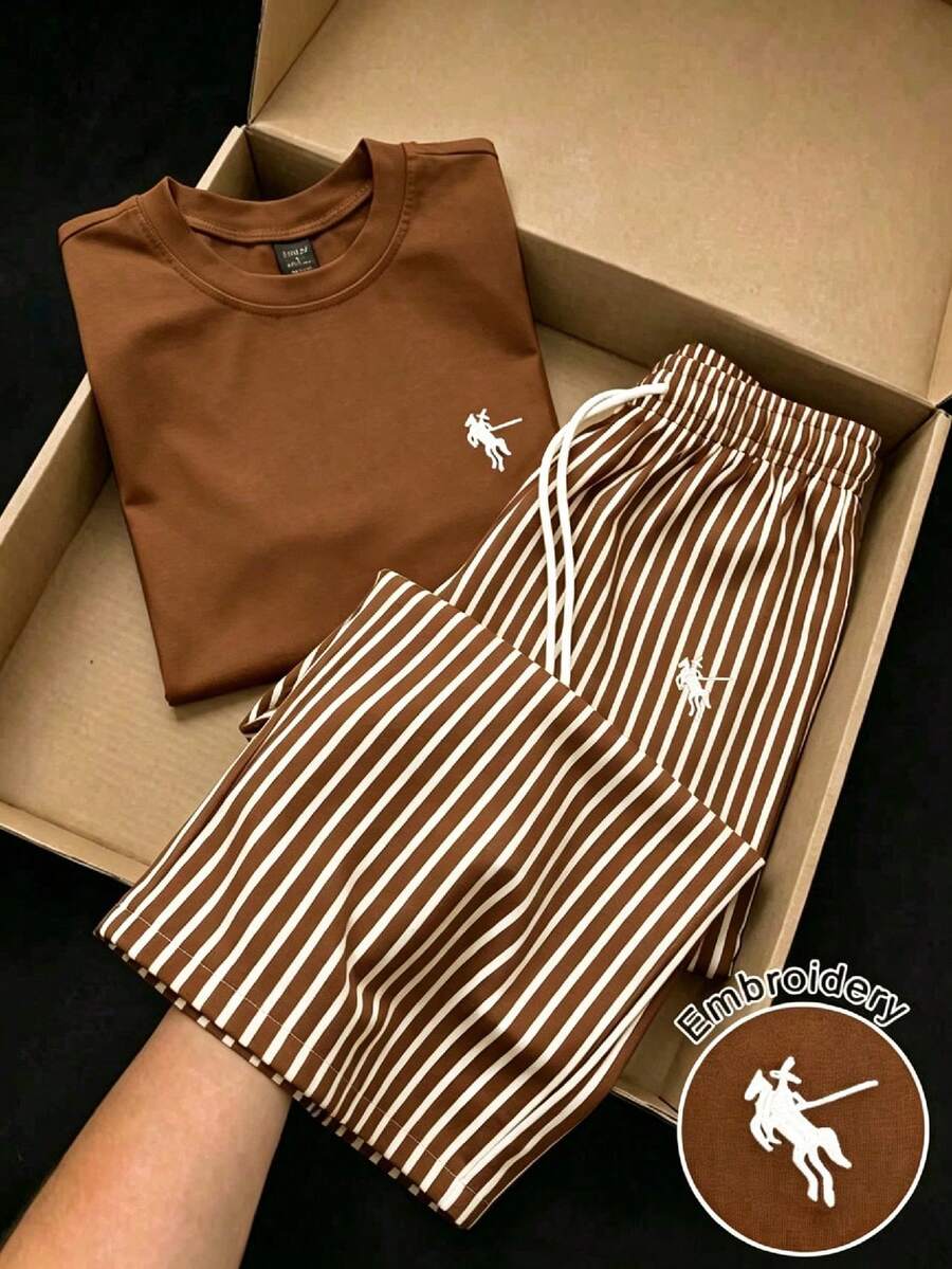 Everyssa Conjunto de 2 piezas de camiseta corta de manga corta con cuello redondo y cintura fruncida bordada de moda casual para mujer, y pantalones rectos de pierna suelta con estampado de rayas y cintura elástica con cordón - Multicolor 2 - Ver 1