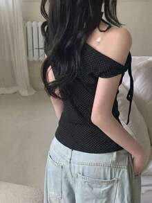 Korean Style Sweet Polka Dot Asymmetric Shoulder Short Sleeve Summer Top Black - Black - View 2