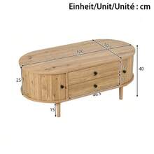 Oval Coffee Table In MDF With Vertical Slats, Sliding Doors And 2 Drawers. - Natural Color - View 3