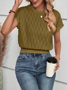 Solid Color Directional Batwing Sleeve T-Shirt - 橄欖 - 查看 2