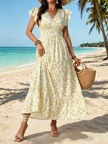 Elegaris Women's Elegant Floral V-Neck Cinched Waist A-Line Dress Summer - Pale Yellow - View 4