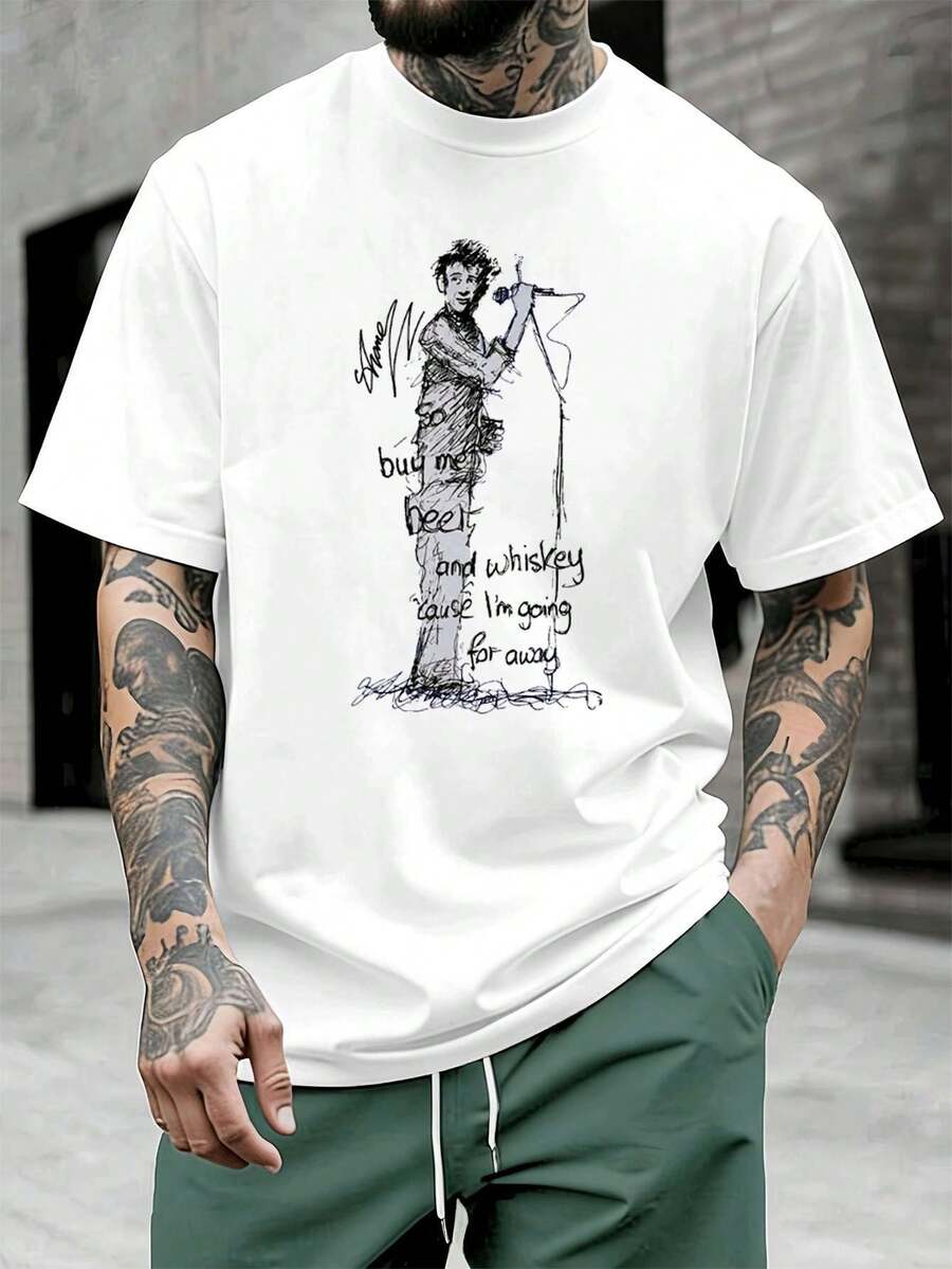 Camiseta de hombre con temática musical, estampado gráfico, tejido de alta calidad, cuello redondo, corte cómodo, estampado gráfico único. - Blanco - Ver 1