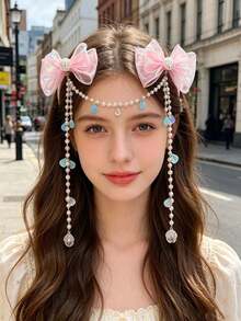 Rosa Meerjungfrau-Schleife Haarspange mit Perlenquasten, irisierende Muschel-Haarkette, Ozean-Thema Mädchen Haaraccessoire - Verschiedenfarbig - Übersicht 3