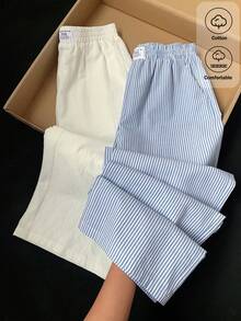 Conjunto de Pantalones Casuales de Algodón Puro a Rayas para Mujer, Primavera/Verano 2026, Rayas Azules y Blancas para Uso Diario, Vacaciones, Bodas, Fiestas, Cómodo Conjunto de Dos Piezas - Multicolor - Ver 1