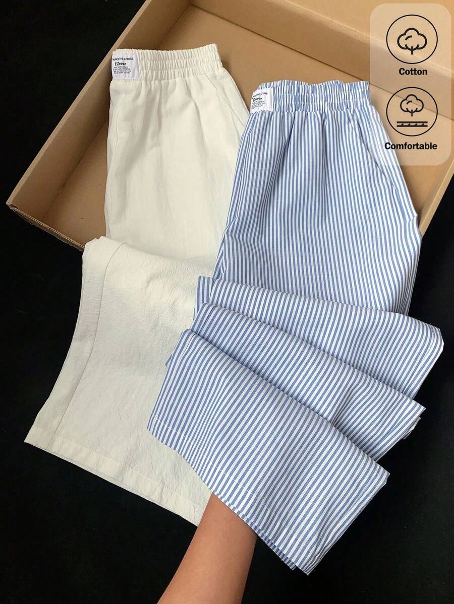Conjunto de Pantalones Casuales de Algodón Puro a Rayas para Mujer, Primavera/Verano 2026, Rayas Azules y Blancas para Uso Diario, Vacaciones, Bodas, Fiestas, Cómodo Conjunto de Dos Piezas - Multicolor - Ver 1