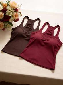 2pcs/Set Women's Summer Camisole Tank Top, Slim Fit Solid Color Basic Padded Undershirt - Multicolor - View 3