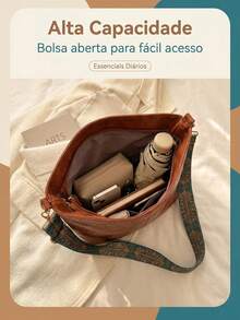 Bolsa Balde Feminina PU de Alta Qualidade, Alça Larga Estampada Ajustável, Estilo Street Casual para Uso Diário bolsas feminina transversal bolsas feminina bolsa bolsa transversal - Castanho - Visão 4