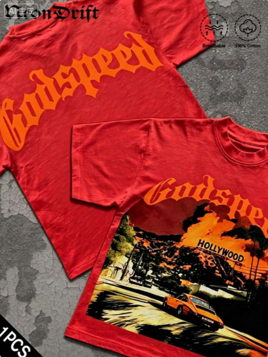 Break The SystemMen's Washed Vintage Crewneck T-Shirt, 100% Cotton 180GSM, Godspeed Highway Car Print, Retro Faded Style, American Streetwear, - 紅色3 - 查看 1