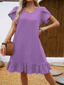 Vestido de Mujer con Cuello en V, Mangas de Concha y Volantes - Negro mate - Ver 5