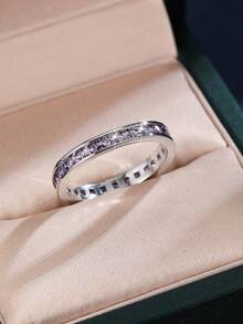 1pc Elegant Minimalist Square Full Zirconia Pave Inlay Ring For Women, Suitable For Daily, Office, Street, And Date Wear - Ring - View 2