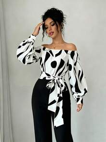 Elegant Women's Off-Shoulder Blouse With Polka Dots And Front Bow - Puff Sleeves, Round Neck, White, Machine Washable, Ideal For Casual Or Semi-Formal Wear In All Seasons - 多色 1 - 查看 6
