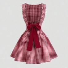 guangzhougaolangshangmao  Vestido casual de mujer con cuello barco, sin mangas, con estampado de cuadros, espalda descubierta, contraste de color, lazo en la cintura y silueta evasé, para primavera/verano - Blanco y Negro - Ver 2