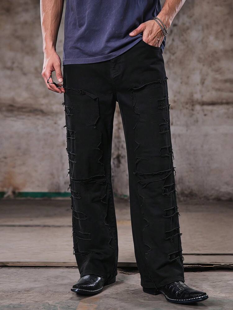 Skyrend Men's Casual Washed Distressed Ripped Hem Denim Jeansemo - Black - View 1